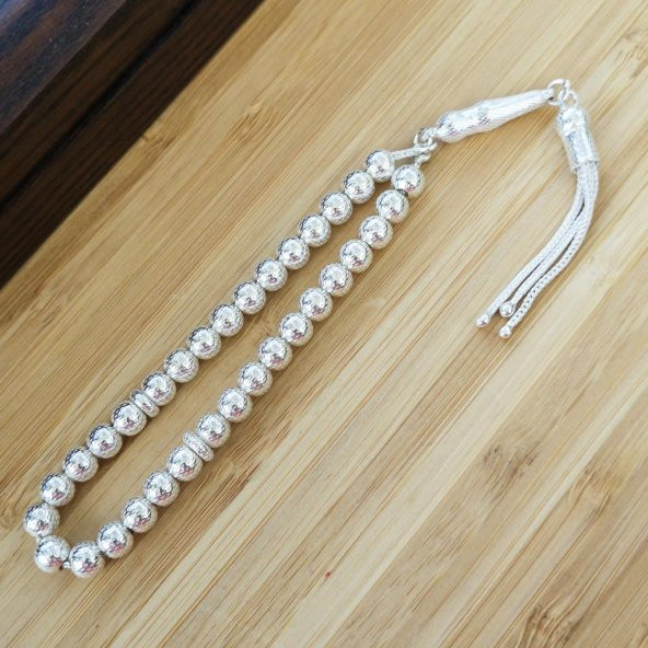 925 Ayar Gümüş Nokta İşlemeli Küre Kesim Tesbih - 3