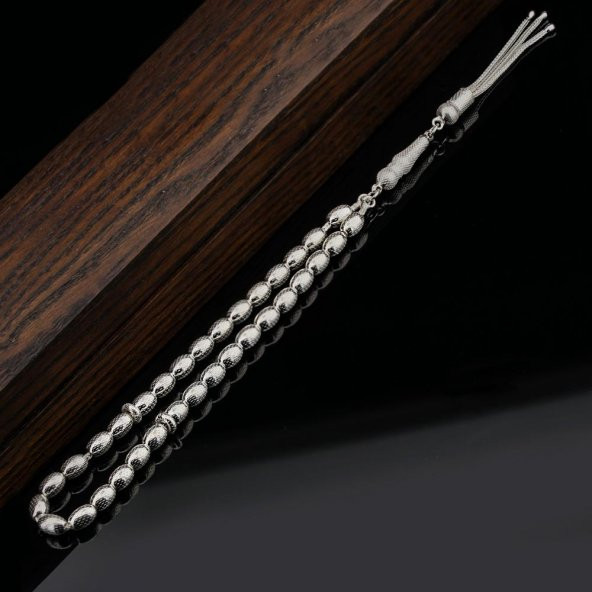 925 Ayar Gümüş Arpa Kesim Nokta İşlemeli Tesbih - Resim 2