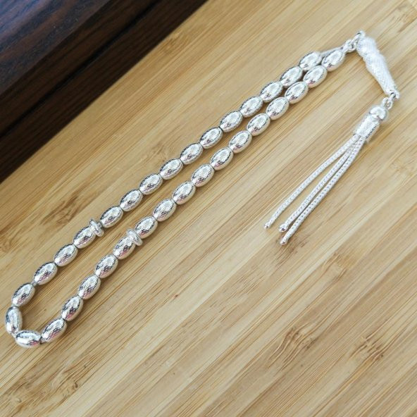 925 Ayar Gümüş Arpa Kesim Nokta İşlemeli Tesbih - Resim 3