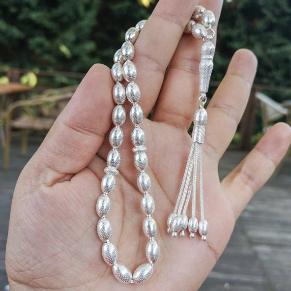 925 Ayar Gümüş Arpa Kesim Nokta İşlemeli Tesbih Model 3 - Resim 2