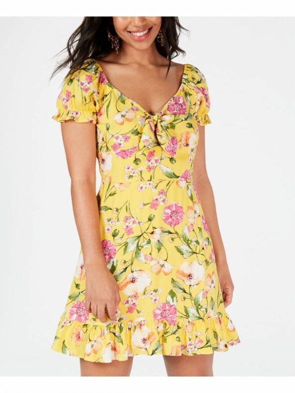 Genç Bayan Yeni Sarı Çiçekli Fit + Flare Elbise