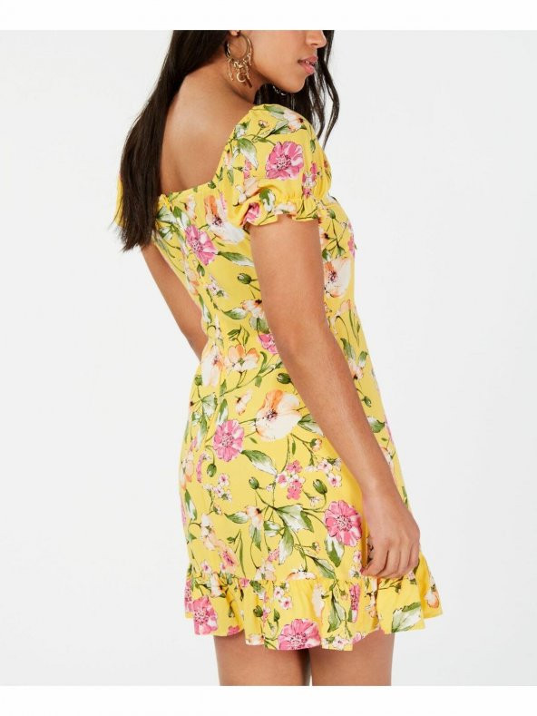 Genç Bayan Yeni Sarı Çiçekli Fit + Flare Elbise - 3