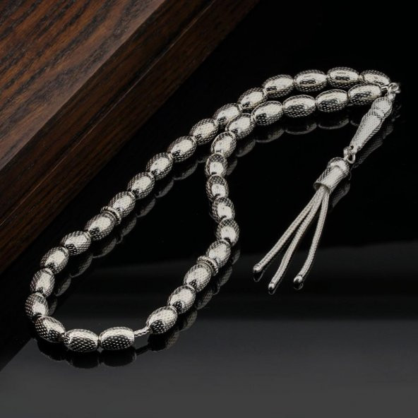 925 Ayar Gümüş Arpa Kesim Nokta İşlemeli Tesbih ürün görseli 1