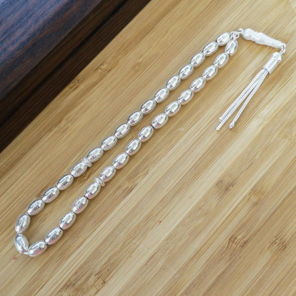 925 Ayar Gümüş Arpa Kesim Nokta İşlemeli Tesbih - Resim 2