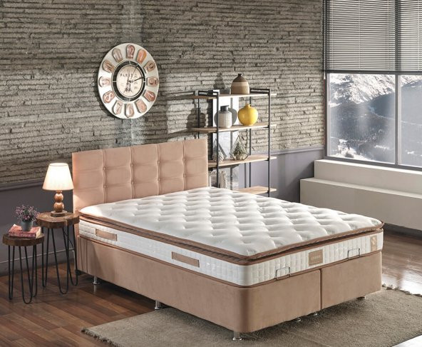 Niron Queen Çift Kişilik Pedli Yatak Baza Başlık Seti 160x200 Ortopedik Yatak Kumaş Baza ve Başlık