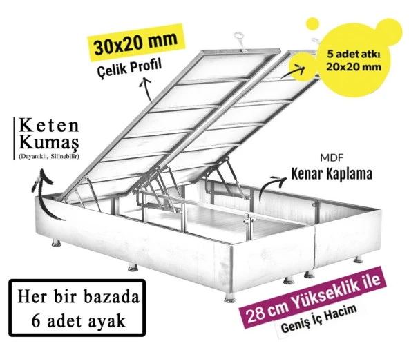Niron Silver Yatak Baza Başlık Seti 120x200 Tek Kişilik Full Ortopedik Yatak Gri Keten Baza Başlık - 5