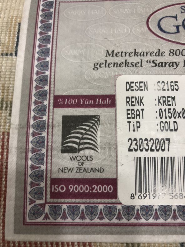 SARAY HALI GOLD SERİSİ 2165 KREM 150x230 100 YÜN 4 M2 - 8