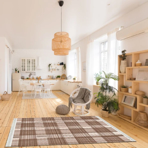 Baskılı Kilim Sıralı Çizgi Desenli Kahve Renkli Beyaz Zeminli