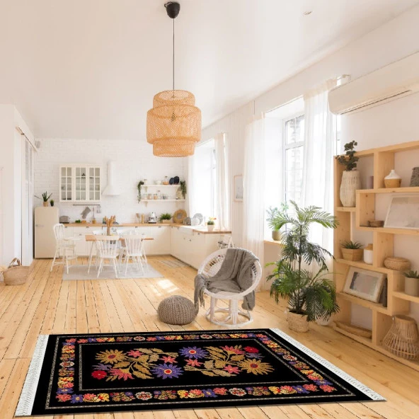Baskılı Kilim Klasik Dekoratif Renkli Nakış Çiçekli Siyah Zeminli