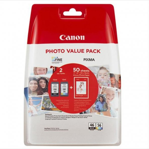Canon PG-46L + CL 56 Renkli + Siyah 2'li Set Kartuş + 50 Li Fotoğraf Kağıdı