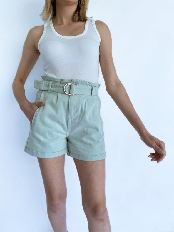 Mom Kesim Kemerli Mint Yeşili Şort - 3