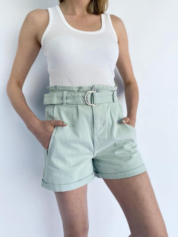 Mom Kesim Kemerli Mint Yeşili Şort - 5