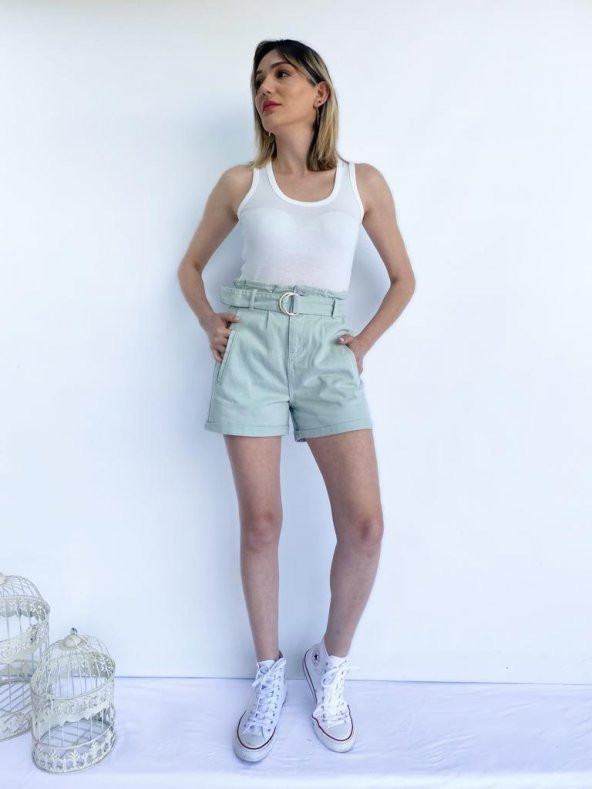 Mom Kesim Kemerli Mint Yeşili Şort - 6