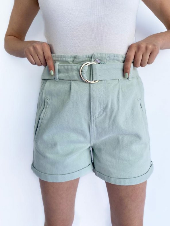 Mom Kesim Kemerli Mint Yeşili Şort - 7