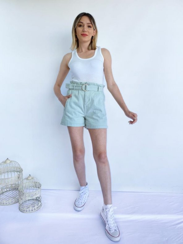 Mom Kesim Kemerli Mint Yeşili Şort - 8