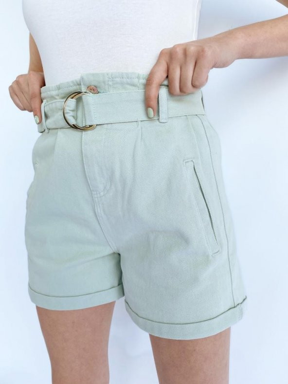 Mom Kesim Kemerli Mint Yeşili Şort - 2