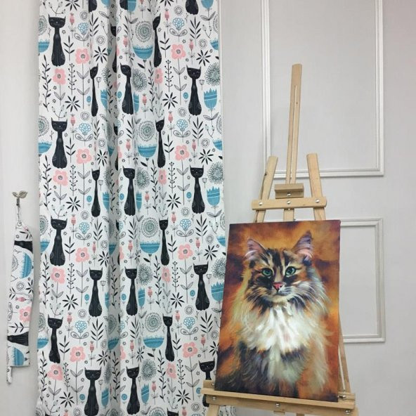 Kedi Tasarımlı Fon Perde Kornişe, Rustik Boruya, Rustik Halkaya Uyumlu 1 Kanat Bağcıklı