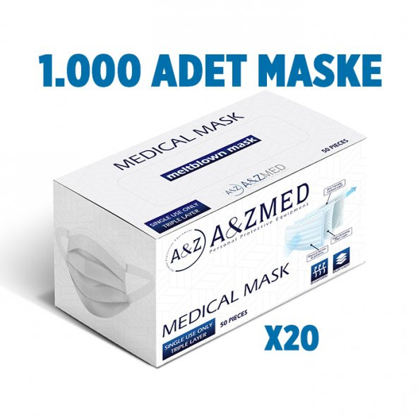 A&ZMED Meltblown Katmanlı 3 Katlı Cerrahi Maske - Yumuşak Elastik Kulaklı 1.000 Adet