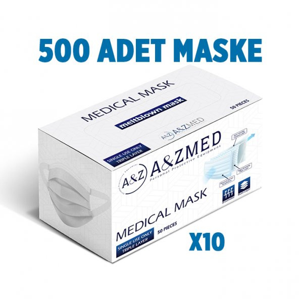 A&ZMED Meltblown Katmanlı 3 Katlı Cerrahi Maske - Yumuşak Elastik Kulaklı500 Adet