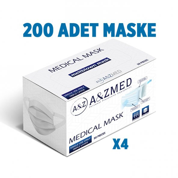 A&ZMED Meltblown Katmanlı 3 Katlı Cerrahi Maske - Yumuşak Elastik Kulaklı 200 Adet