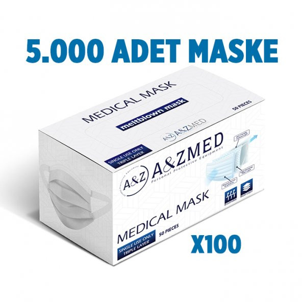 A&ZMED Meltblown Katmanlı 3 Katlı Cerrahi Maske - Yumuşak Elastik Kulaklı 5.000 Adet
