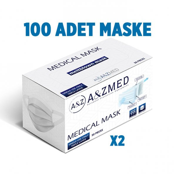 A&ZMED Meltblown Katmanlı 3 Katlı Cerrahi Maske - Yumuşak Elastik Kulaklı 100 Adet