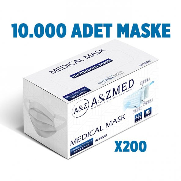 A&ZMED Meltblown Katmanlı 3 Katlı Cerrahi Maske - Yumuşak Elastik Kulaklı 10.000 Adet