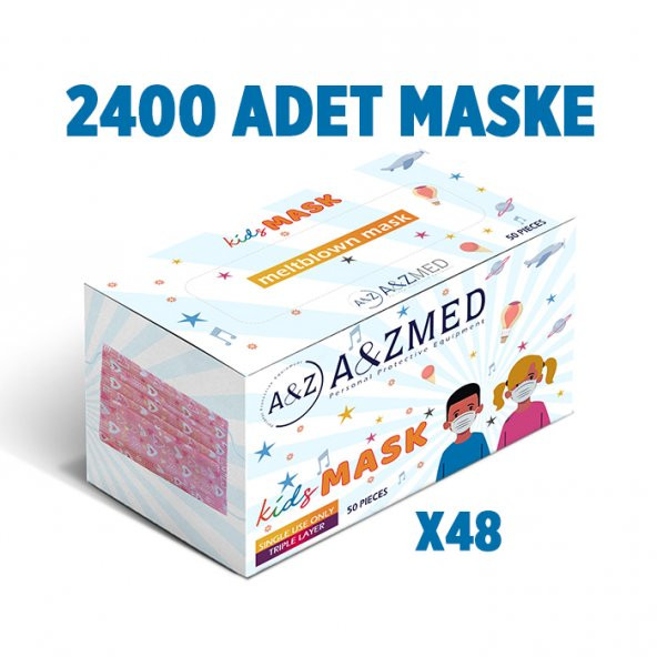 A&ZMED Meltblown Katmanlı 3 Katlı Cerrahi ÇOCUK Maskesi - Kalp Baskılı 2.400 Adet