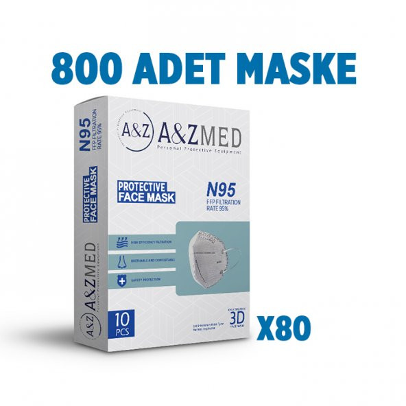 A&ZMED N95 FFP2 Maske Telli ve Tek Tek Paketli 10 Adetlik 80 Kutu - Toplam 800 Adet Maske
