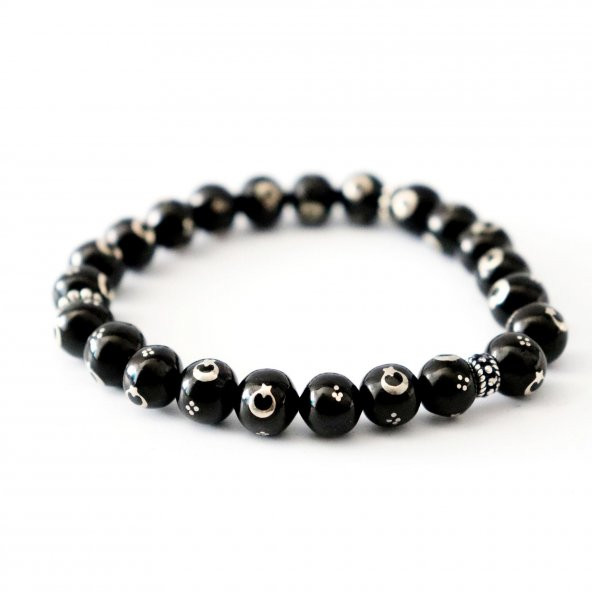 925 Ayar Gümüş Ayyıldız İşlemeli 8 mm Unisex Oltu Bileklik - 2