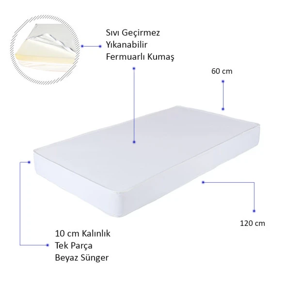 Sıvı Geçirmez Bebek Yatağı - 60x120 cm Yıkanabilir Kılıflı Yatak - 2
