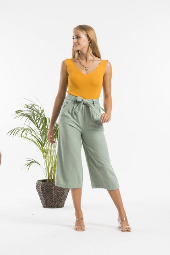 Kadın Capri Keten Pantolon Mint Yeşil KTN-0001