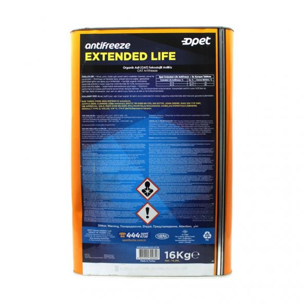 Opet Antifriz Extended Life 16 Kg - Uzun Ömürlü Turuncu Antifriz - 3