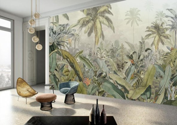 Tropikal Desenli Duvar Kağıdı Oturma Odasına