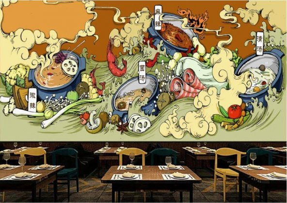 Renkli Yemek Graffiti Özel Tasarım Duvar Kağıdı