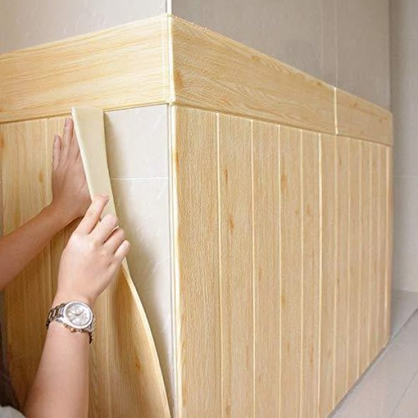 Renkli Duvarlar NW37 Bej Ahşap Kendinden Yapışkanlı 3D Dekoratif Duvar Paneli - 3