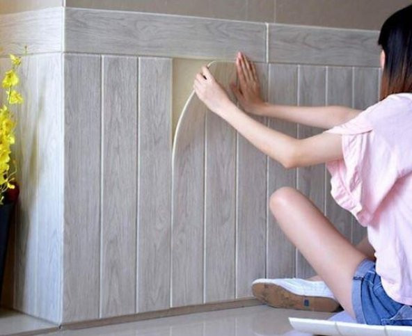 Renkli Duvarlar Krem Ahşap Lambiri 3D Kendinden Yapışkanlı Duvar Kağıdı Paneli