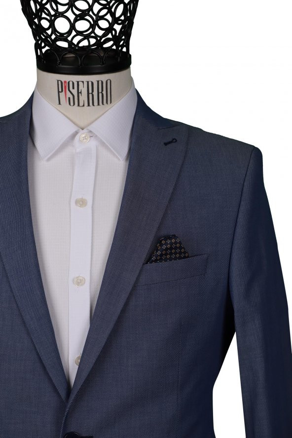 Slim Fit Klasik Desenli Koyu Mavi Ceket - 2