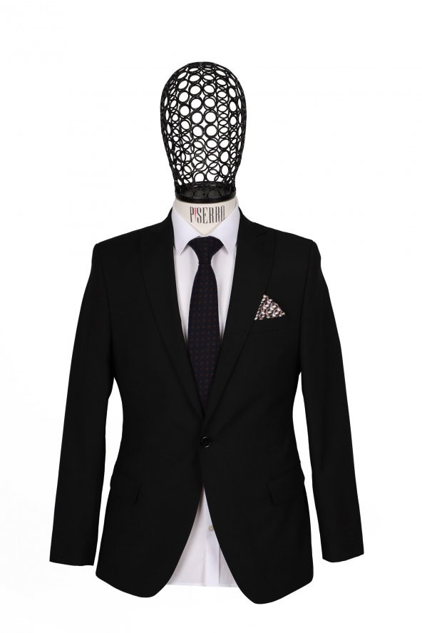 Slim Fit Yünlü Siyah Takım Elbise - 2