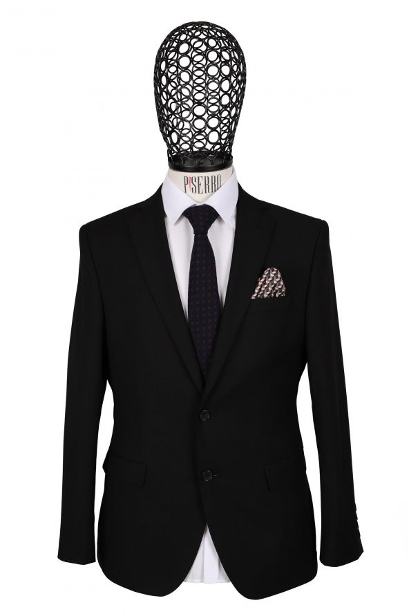 Slim Fit Yünlü Siyah Takım Elbise - 2
