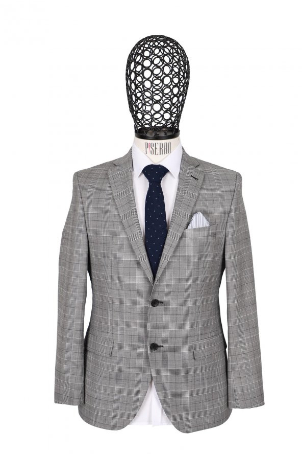 Slim Fit Kareli Yünlü Gri Takım Elbise - 2