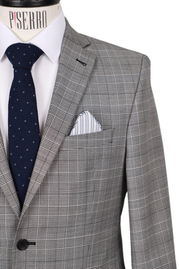 Slim Fit Kareli Yünlü Gri Takım Elbise - 3