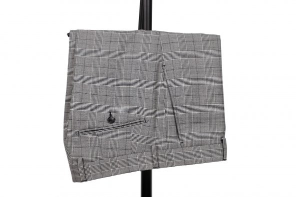 Slim Fit Kareli Yünlü Gri Takım Elbise - 4