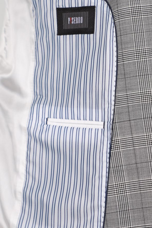 Slim Fit Kareli Yünlü Gri Takım Elbise - 5