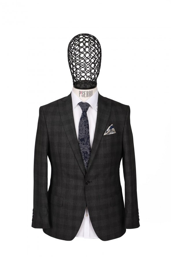 Slim Fit Yünlü Antrasit Rengi Takım Elbise - 2