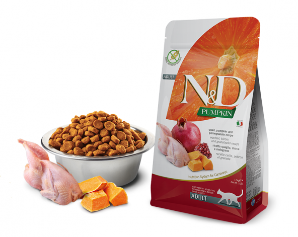 N&D Pumpkin Tahılsız Bal Kabaklı Bıldırcın Etli ve Narlı Yetişkin Kedi Maması 1.5 KG