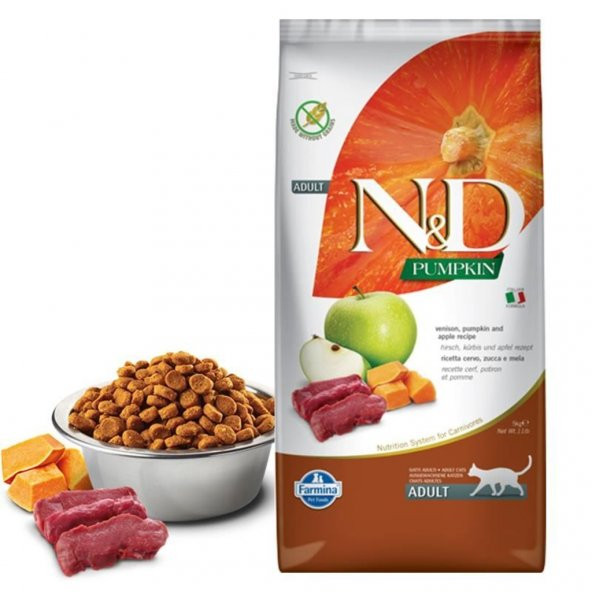 N&D Pumpkin Tahılsız Geyik Etli, Bal Kabaklı ve Elmalı Yetişkin Kedi Maması 5 KG