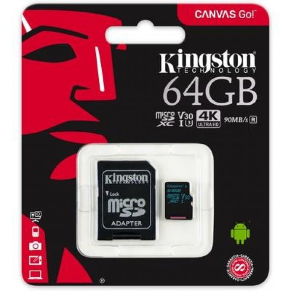 Kingston 64 GB Canvas Go 90 MB/s U3 UHS-I V30 SDCG2/64GB Hafıza Kartı