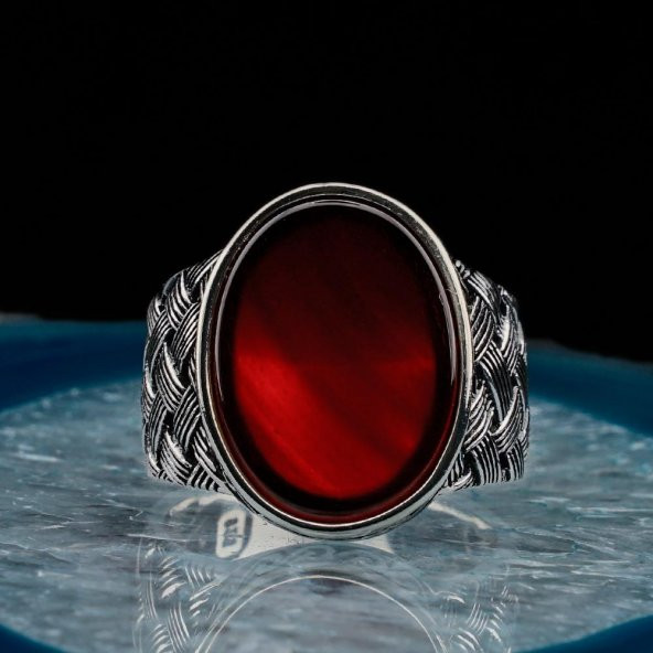 Oval Kırmızı Akik Taşlı Örgü Desenli Erkek Gümüş Yüzük - Resim 2