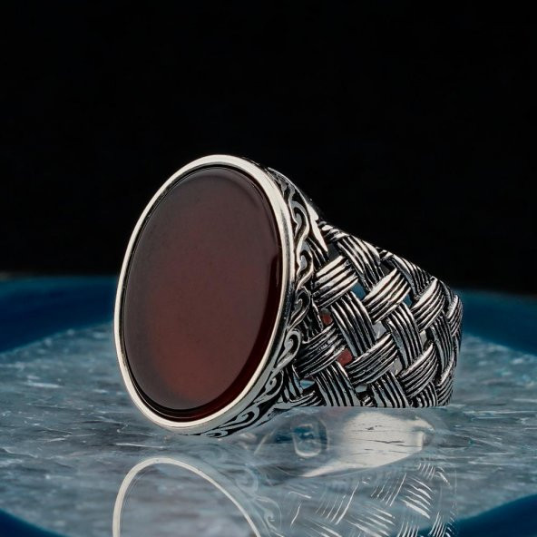 Oval Kırmızı Akik Taşlı Örgü Desenli Erkek Gümüş Yüzük - Resim 3